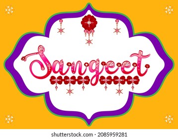 Bright wedding sangeet sign board. Marriage music night banner. Disco and dance night label. Gradient word art sticker. Floral heart pattern and gemstone vector illustration.