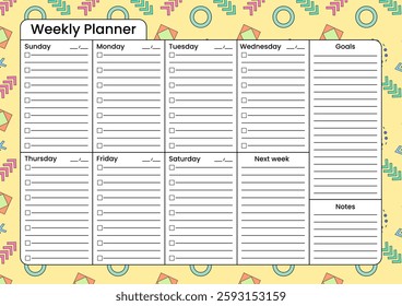 Bright weekly planner template with to-do lists, goals, and notes section, featuring a fun geometric background.