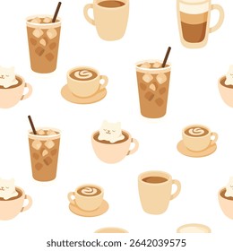 Bright and whimsical seamless pattern showcases various coffee drinks, including iced and hot beverages, with adorable cat motifs adding charm to the design.