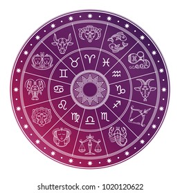 Bright and white astrology horoscope circle with zodiac signs isolated on white background. Vector illustration