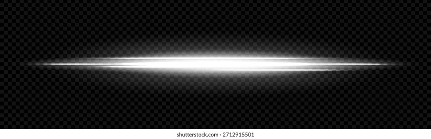 Bright white beams and laser lines with glowing neon flares. Speed streaks and light trails for futuristic design on black background. Blurry galaxy trail transparent overlay. Space stick led ray.