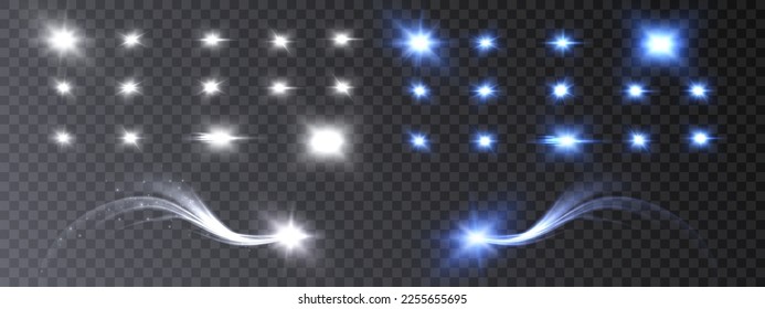 Bright white and blue horizontal highlights. Laser beams, horizontal beams of light. Beautiful light flashes. Glowing stripes on a dark background. Glowing abstract sparkling background.