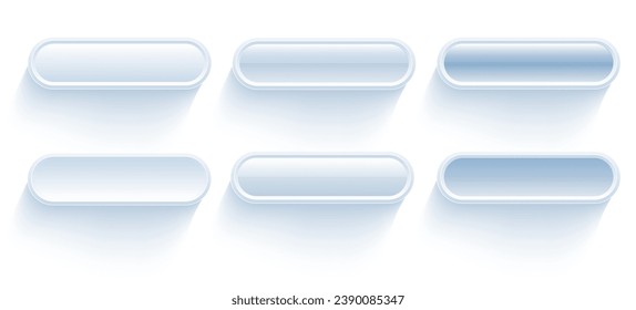 Botones luminosos de sitios web blancos y azules, diseño moderno 3D simple para interfaz de usuario, móvil, web, medios sociales y negocios, ilustración vectorial.