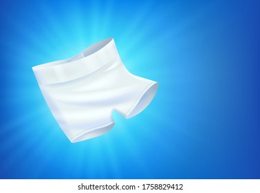 Bright white clean clothes, clean laundry on blue background, realistic fluttering white mens underpants boxers, vector illustration