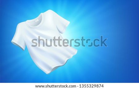 Bright white clean clothes, clean laundry on blue background, realistic fluttering T-shirt, vector illustration