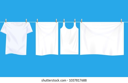 Bright white clothes hanging out on wire to dry. Realistic Illustrated vector.