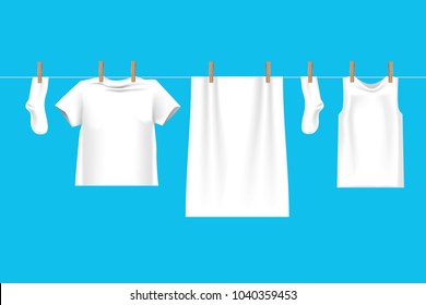 Bright white clothes hanging out on washing line\ on wire to dry , isolated on blue background in 3d illustration