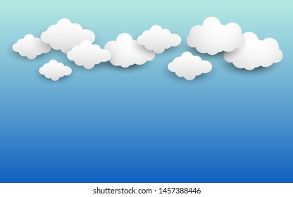Bright white cloud illustration in paper cut and craft style design on blue background vector illustration