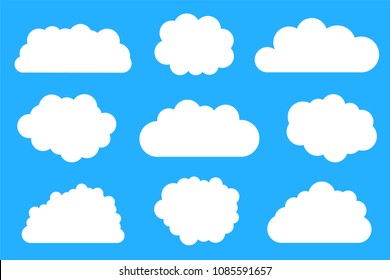 Bright white clouds collection of different shapes on blue background for comic and flat styles design. Vector illustration