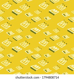 Bright white contoured crown silhouettes seamless pattern. Yellow background. Great for wrapping paper, textile, fabric print and wallpaper. Vector illustration.
