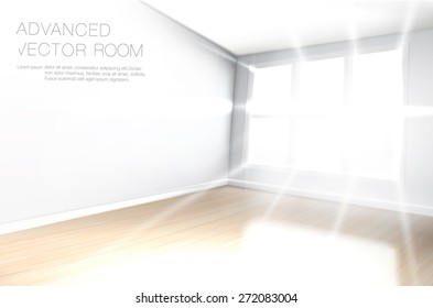 Bright, white empty room, with lots of sun rays shining trough large window on the wooden floor.