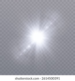 Bright white flash with glowing radial rays and soft haze on transparent background. 
