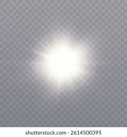 Bright white flash with glowing radial rays and soft haze on transparent background. 