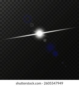 Bright white flash of light with a long thin diagonal beam, on a dark checkered background. The flash is surrounded by blurred glowing circles, creating a glowing and flickering effect. EPS10 vector i