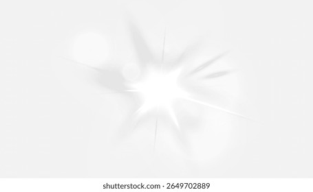 Bright white flash with soft glow and glare isolated on white background. Vector light effect