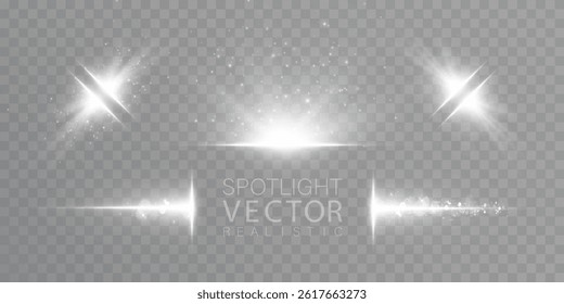 Bright white flashes of light with shimmering trails and shimmering glitter on a transparent background.