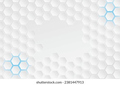 Bright white geometric honeycomb vector background, hexagon shapes with gray gradient, bright blue light in the corners and space for text