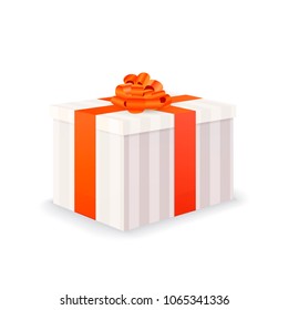 Bright white gift box with red tape and bow isolated on white
