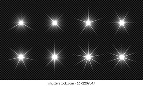 Bright white glare. Glow effect, shine star bursts glares and shiny lumiere stars with various brightness rays vector illustration set