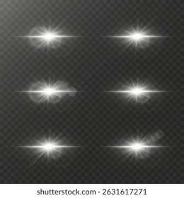 Bright white glare of light with lens reflection, star flash.