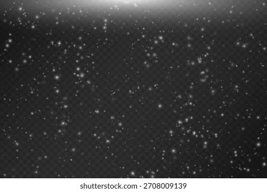 Resplandor blanco brillante en la parte superior con innumerables partículas de nieve que caen de diferentes tamaños y transparencia sobre un fondo oscuro a cuadros. Efecto brillante de invierno ligero con brillo suave y polvo.