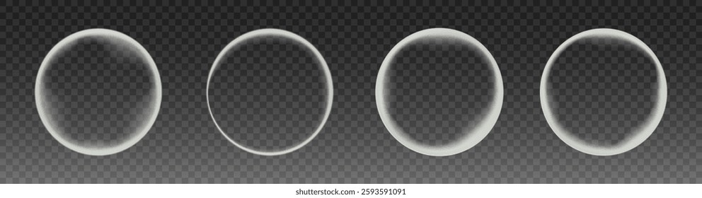 Bright white glowing circle frames with various light intensities and effects. Perfect for futuristic design elements, UI overlays, and abstract background compositions.