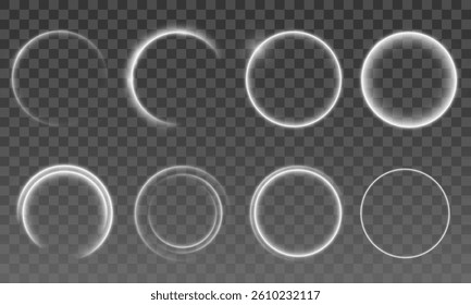 Bright white glowing circle frames with various light intensities and effects. Perfect for futuristic design elements, UI overlays, and abstract background compositions.