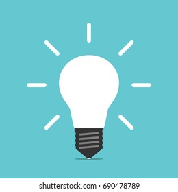 Bright white glowing light bulb on turquoise blue background. Energy, idea, creativity and moment of insight concept. Flat design. EPS 8 vector illustration, no transparency, no gradients