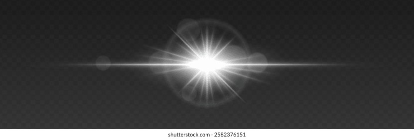 Bright white glowing light flare with horizontal lens flare effect. Transparent background. Abstract digital illumination for design and overlay effects