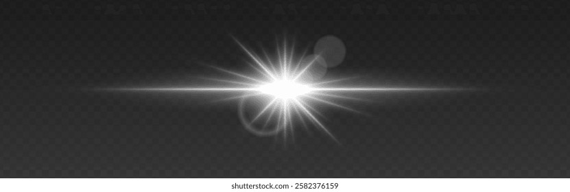 Bright white glowing light flare with horizontal lens flare effect. Transparent background. Abstract digital illumination for design and overlay effects