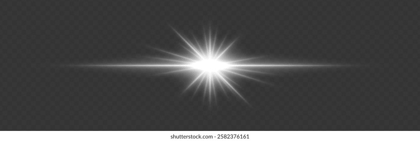 Bright white glowing light flare with horizontal lens flare effect. Transparent background. Abstract digital illumination for design and overlay effects