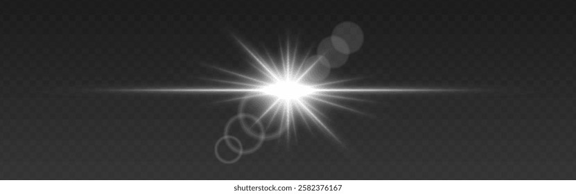 Bright white glowing light flare with horizontal lens flare effect. Transparent background. Abstract digital illumination for design and overlay effects