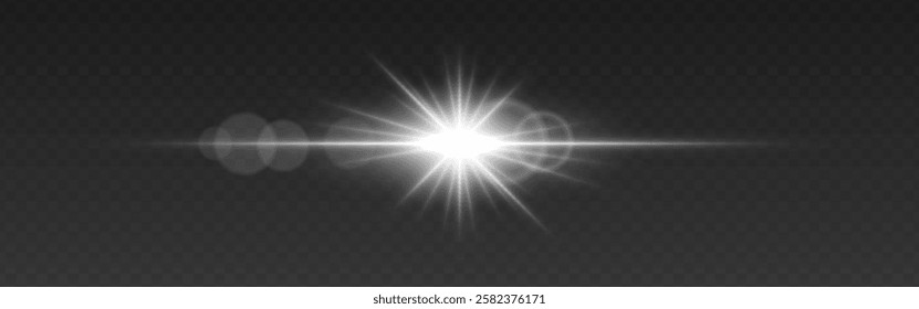 Bright white glowing light flare with horizontal lens flare effect. Transparent background. Abstract digital illumination for design and overlay effects