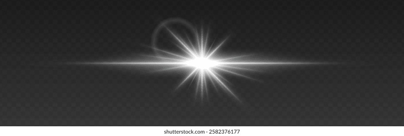 Bright white glowing light flare with horizontal lens flare effect. Transparent background. Abstract digital illumination for design and overlay effects
