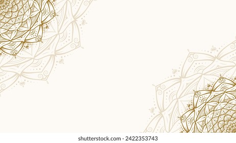 Fondo de vectores horizontales de oro blanco brillante con acentos de Mandala floral detallados
