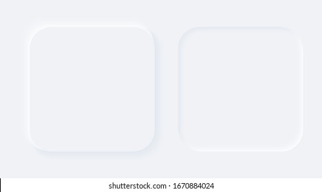 Bright white gradient buttons. Internet symbols on a background. Neumorphic effect icons. Shaped figure in trendy soft 3D style. Rectangle square