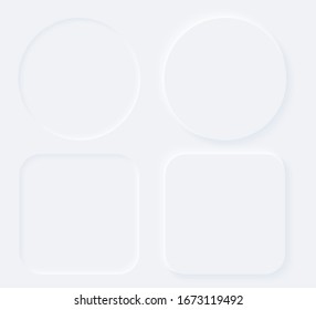 Bright white gradient buttons. Internet symbols on a background. Neumorphic effect icons. Shaped figure in trendy soft 3D style. Circle ellipse and cube set