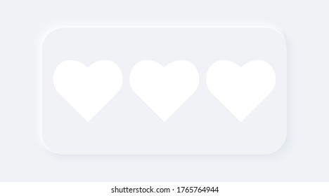 Bright white gradient rectangular button with three hearts shapes. Internet symbol like on a background. Neumorphic effect icon. Shaped love figure in trendy soft 3D style