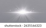 Bright white horizontal light burst with glowing particles and lens flares on transparent background. 