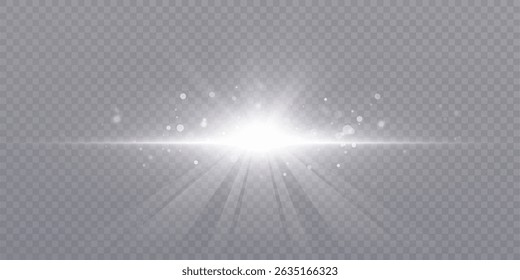 Bright white horizontal light burst with glowing particles and lens flares on transparent background. 