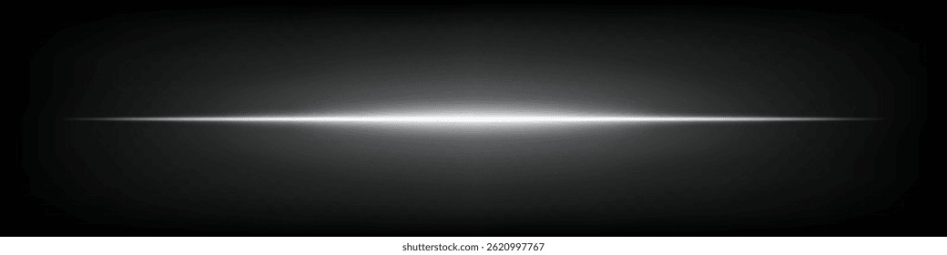 Bright white horizontal neon lens flare isolated on dark background. Abstract futuristic minimalistic beam, perfect for UI, digital design, sci-fi projects. EPS vector illustration.
