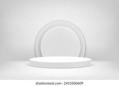 Bright white interior scene with round pedestal