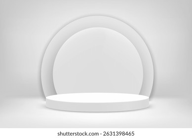 Bright white interior scene with round pedestal