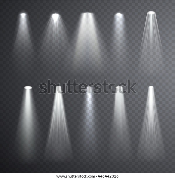 Bright\
white light beam. Glowing light effects isolated on checkered\
transparent background. Set of spotlights\
lighting