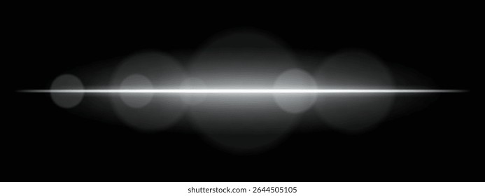 Bright white light beam with lens flare circles on dark background. Vivid horizontal glow ideal for futuristic UI, synthwave designs, or neon-inspired transitions.