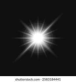 Bright white light burst with glowing rays on a black background. Radiant light effect with star-like beams. Intense light burst creating a luminous star pattern. Light effect vector.