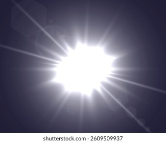 Bright white light burst with glowing rays, lens flare, and starburst effect on dark background.
