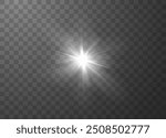 Bright white light burst with radiant beams and soft glowing edges on a transparent background. Vector illustration of sunlight effect with glare and flare elements.