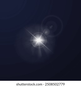 Bright white light burst with radiant rays and soft glare rings on a dark blue background. Vector illustration of a starburst effect, ideal for adding highlights or sun flares