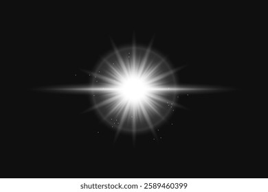 Bright white light burst with radiant beams and star-like appearance against a dark background. Light burst creates a glowing, star-like effect. Light effect vector.